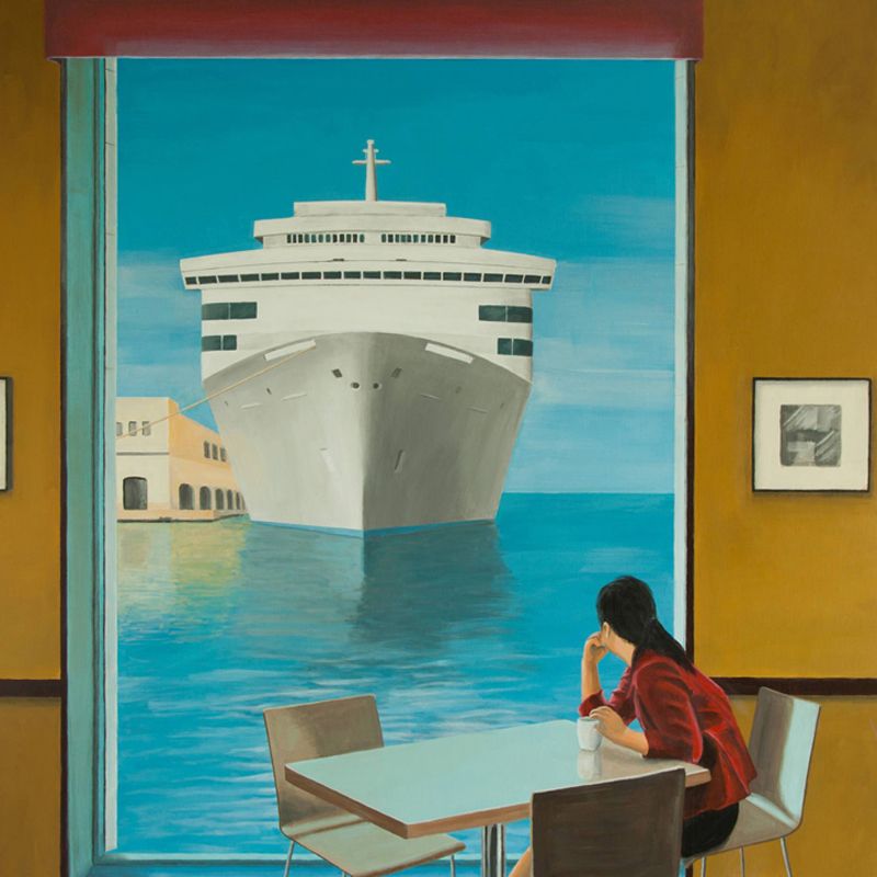 Non-Woven Big Blue-Brown Murals Artistic Transatlantic Liner Painting Wall Art for Bedroom