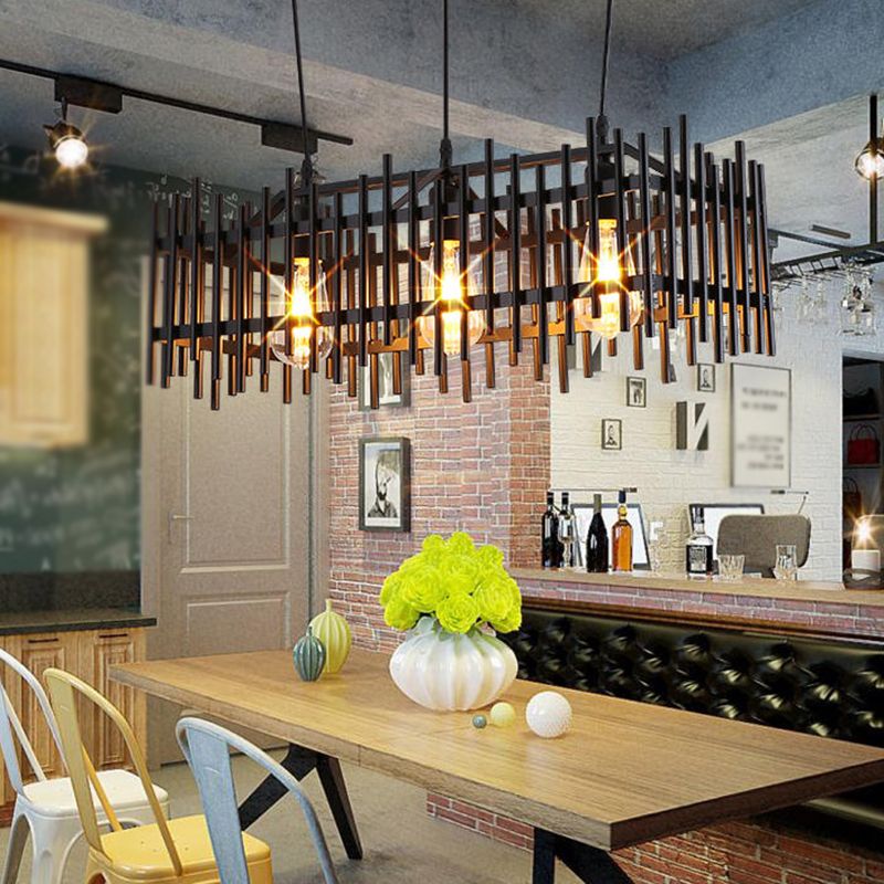 Black Island Pendant Lighting Rustic-Style Metal Cage-Shaped Island Chandelier Light