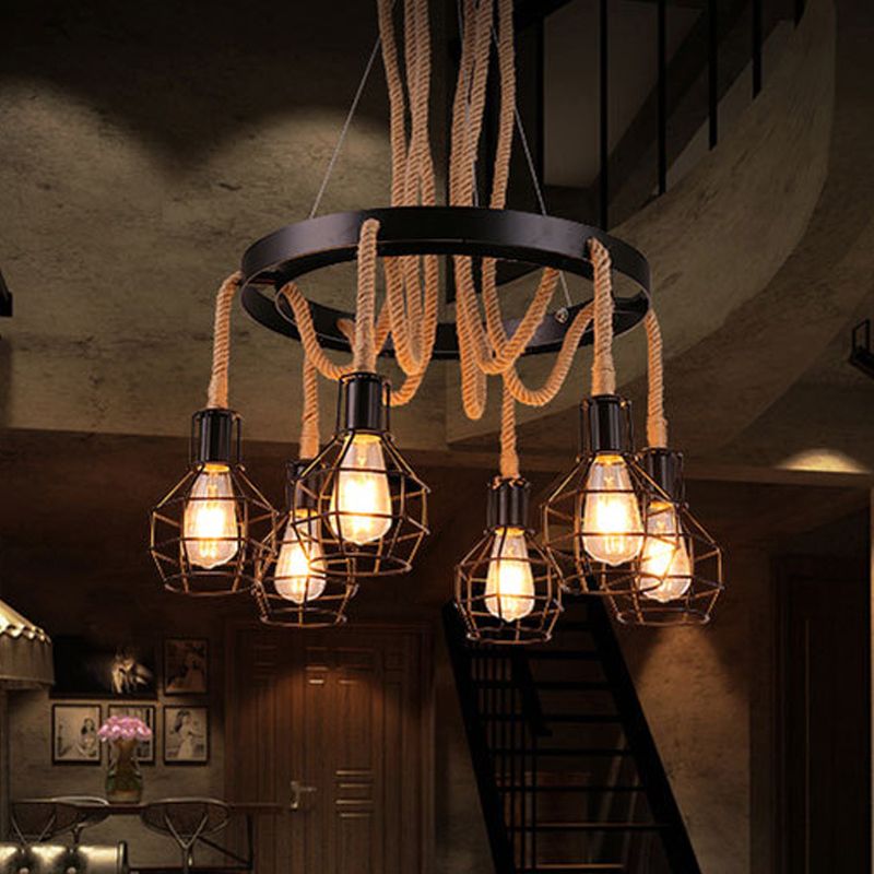 6 Bulbs Ceiling Chandelier Rustic Circular Iron Pendant Light with Hemp Rope and Cage in Brown for Restaurant
