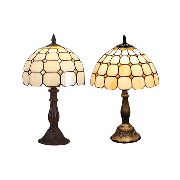 12"/8" Wide Lattice Bowl Office Desk Light with Bead Glass Single Light Tiffany Desk Lamp in White for Hotel