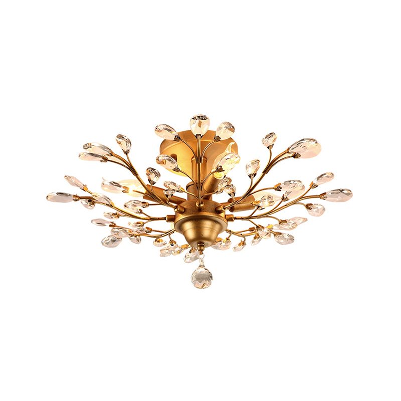 4 Bulbs Clear Crystal Semi Flush Traditional Branching Bedroom Ceiling Mounted Fixture
