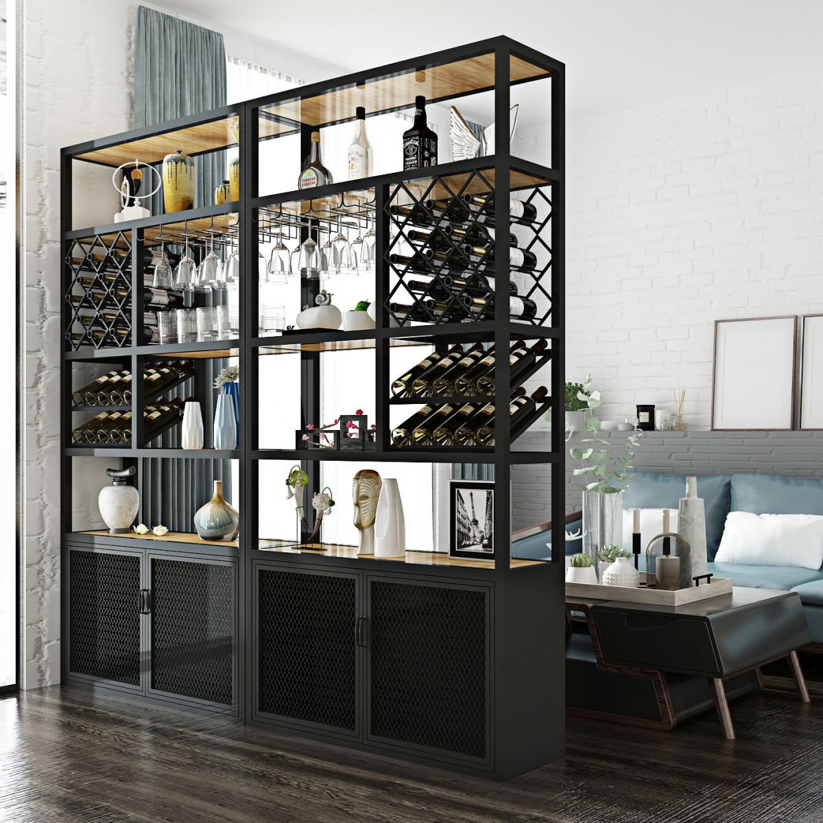 Iron Freestanding Wine Bottle & Glass Rack Modern Wine Rack with Shelf