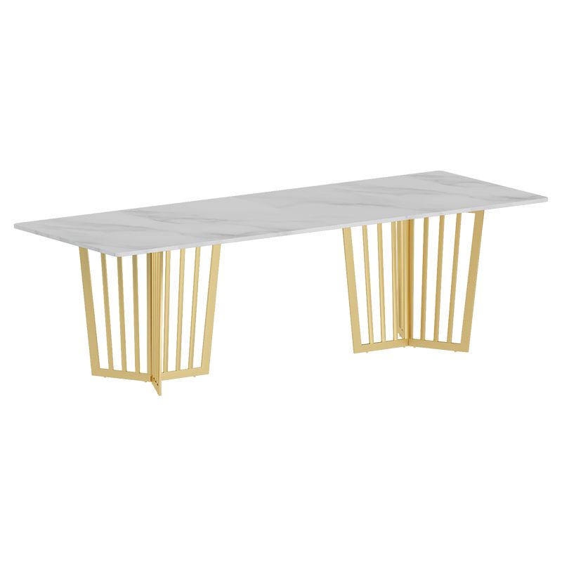Rectangle Double Pedestal Luxury Dining Table White Fixed Table of Sintered Stone