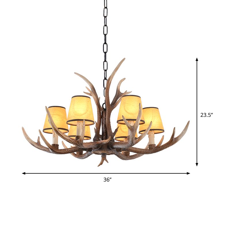 Resin Conical Chandelier Lamp Rustic 6/8/10-Head Bedroom Pendant Ceiling Light with Antler in Brown