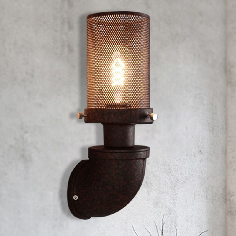 1 Light Metal Wall Lamp Industrial Rust Caged Cylinder Dining Room Sconce Light Fixture