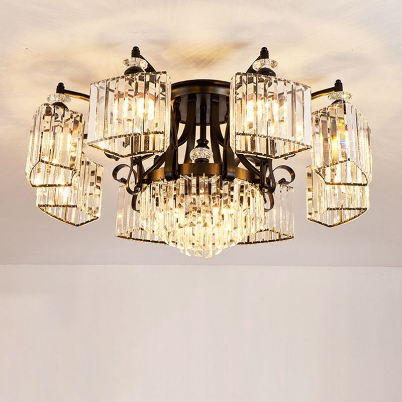 Tiered Living Room Ceiling Light Retro Clear Crystal Black Semi Flush Chandelier