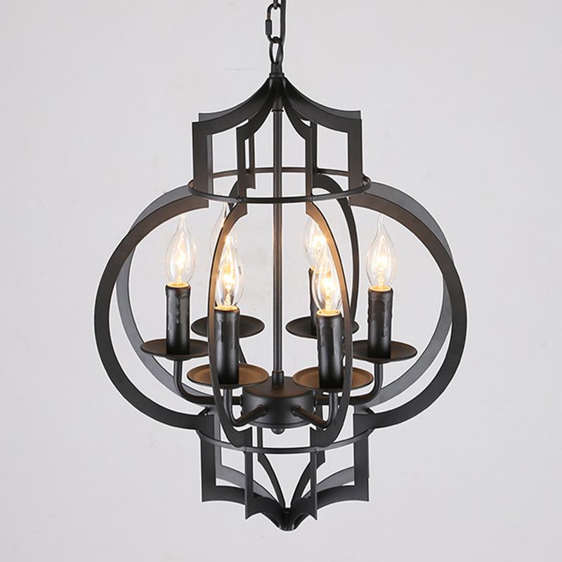 Metallic Black Hanging Chandelier Lantern 6-Light Retro Style Ceiling Suspension Lamp
