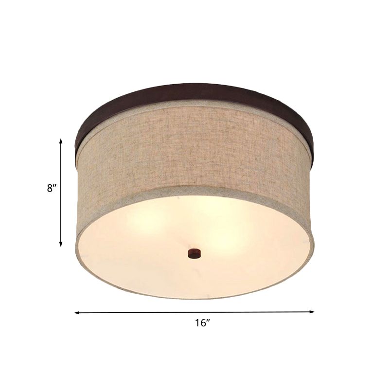 Simple 3-Light Flush Mount Flaxen Drum Ceiling Lighting with Fabric Shade and Diffuser