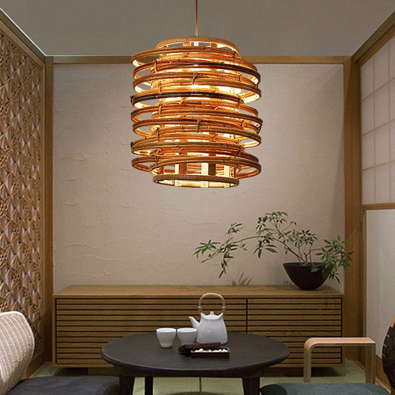 Curl Bound Ceiling Light Asian Style Rattan 1 Bulb Restaurant Hanging Light in Wood