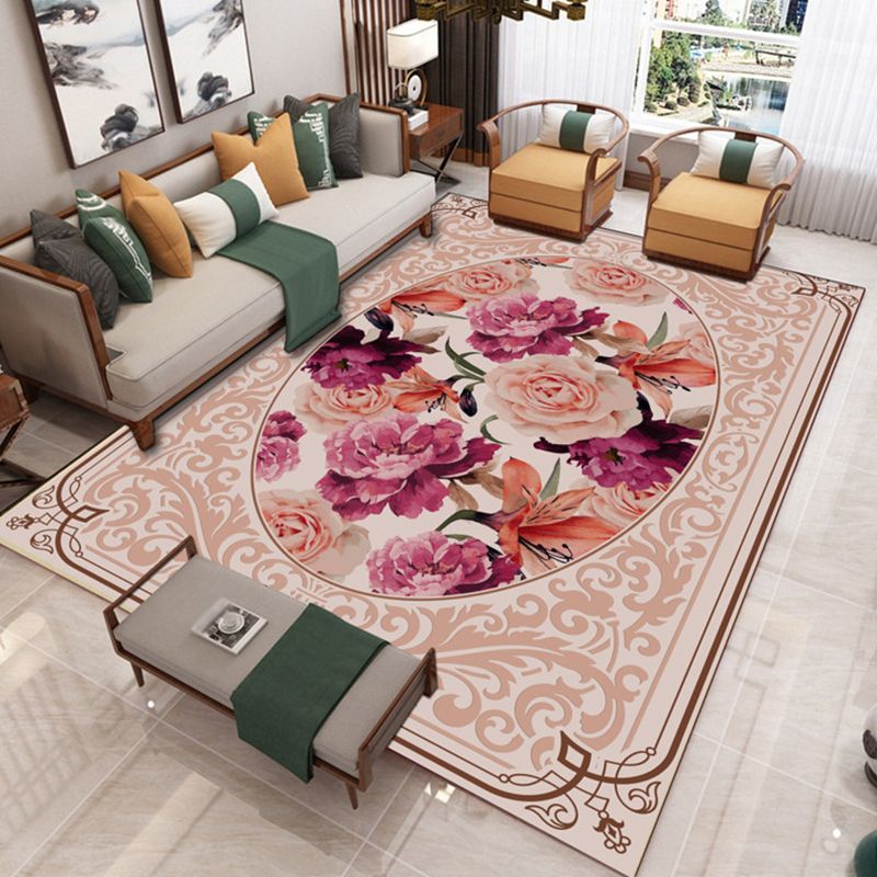 Light Brown Flower Rug Polyester Retro Rug Washable Rug for Drawing Room