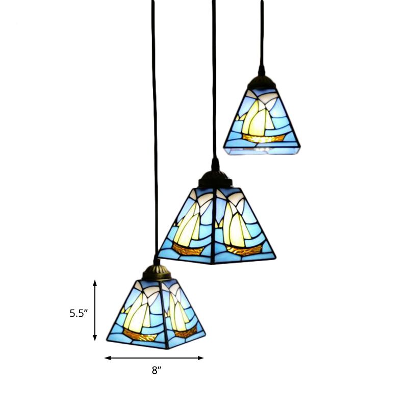 Lampe à suspension conique conique Tiffany 3 Bulbes Blue Mini Cluster Pendentif pour le salon
