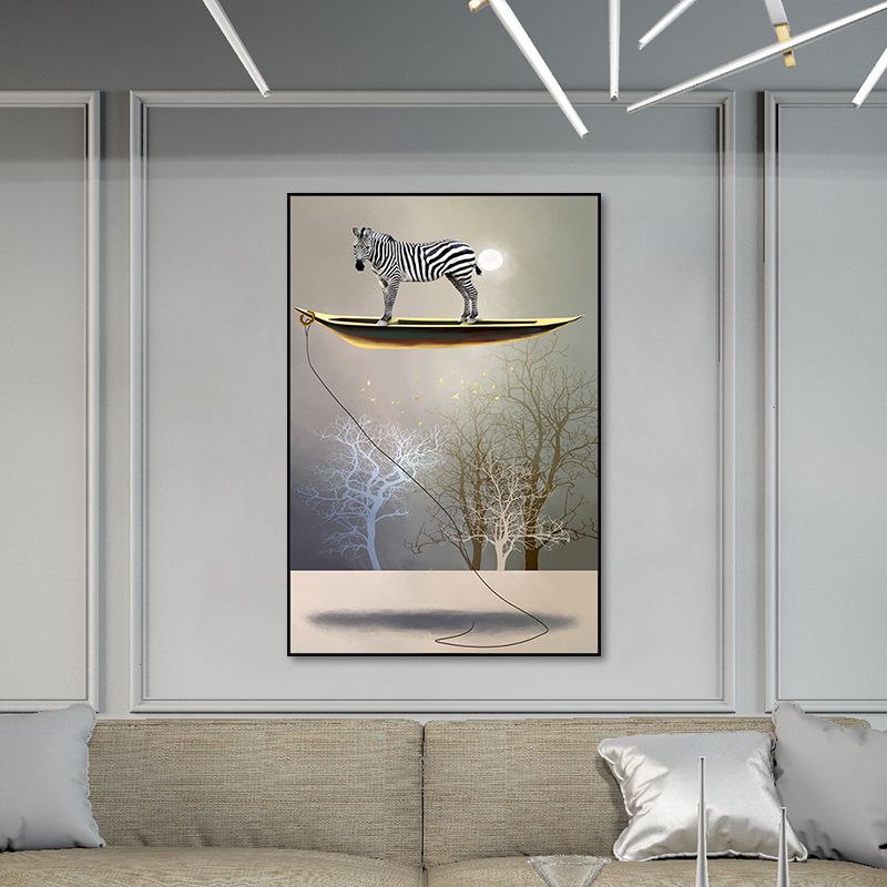 Rustic Moon Night Art Print Pastel Color Animal Standing on the Floating Boat Wall Decor
