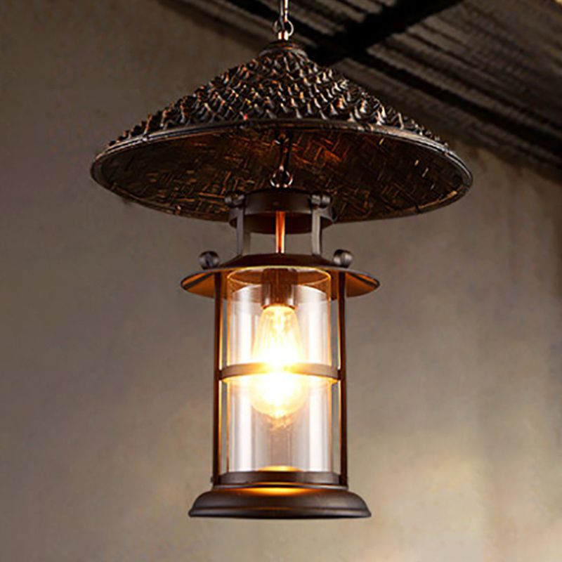 Straw Hat Metal Suspension Lighting Retro Single Restaurant Pendant Ceiling Light with Cylindrical Glass Shade