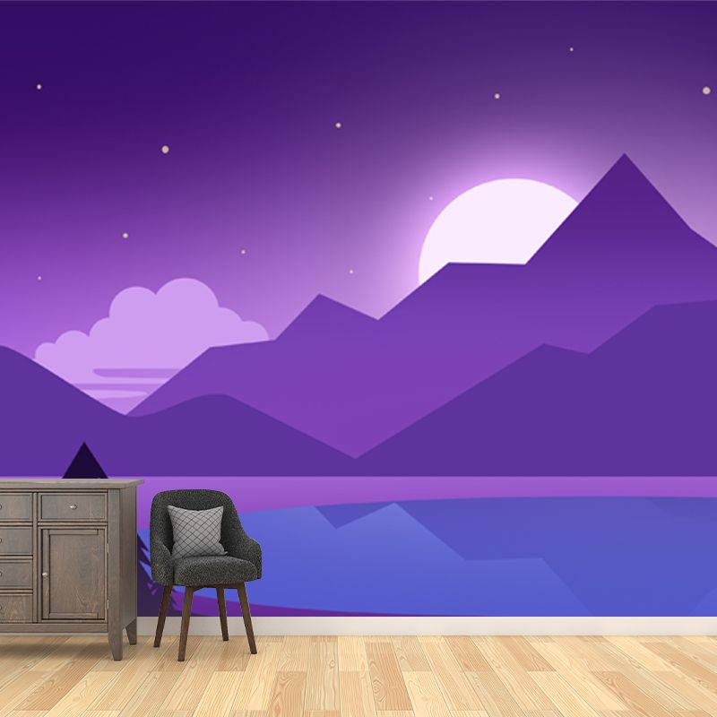 Full-Size Artistic Mural Wallpaper in Purple Riverside Mountain with Rising Moon Pattern Wall Decor, Custom Made