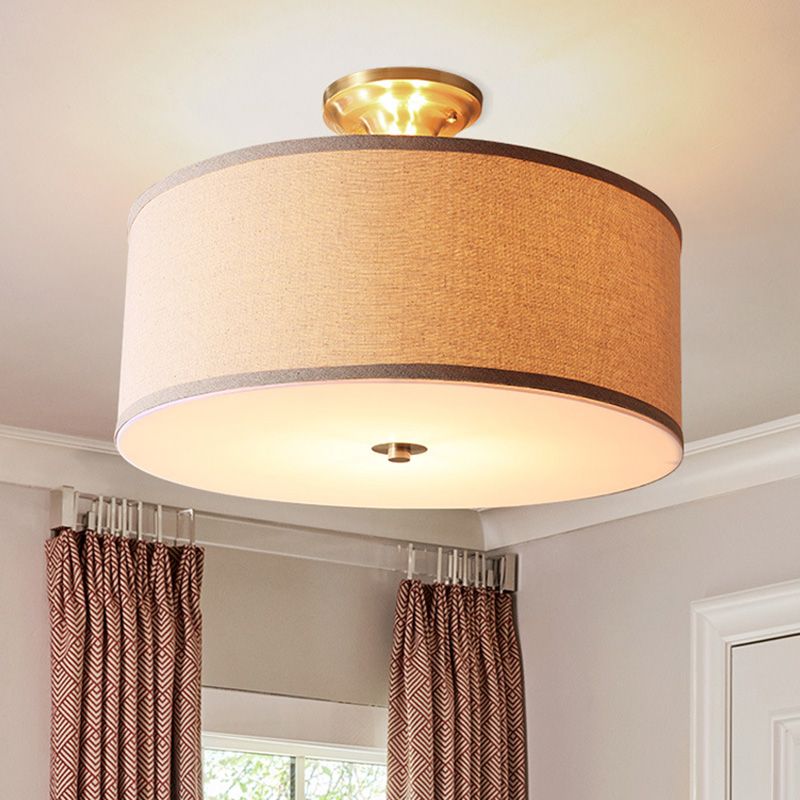 Traditional Drum Shaped Semi Flush Mount Fabric Flush Ceiling Light Fixture in Beige
