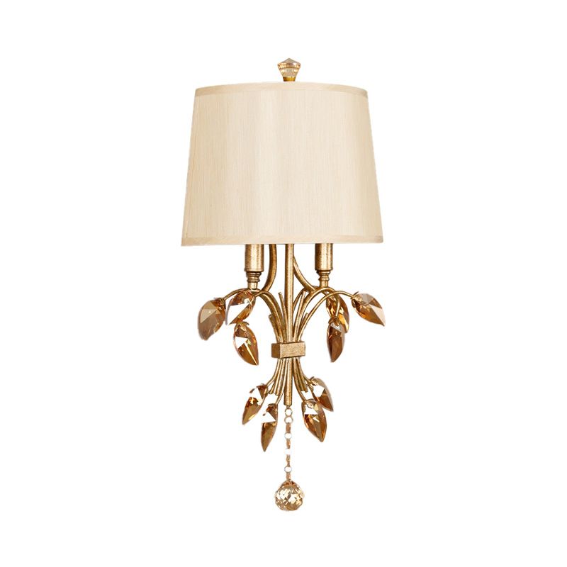 Metal Brass Sconce Lamp Branch 1-Light Vintage Wall Mounted Lighting for Bedroom with Trapezoid Fabric Shade