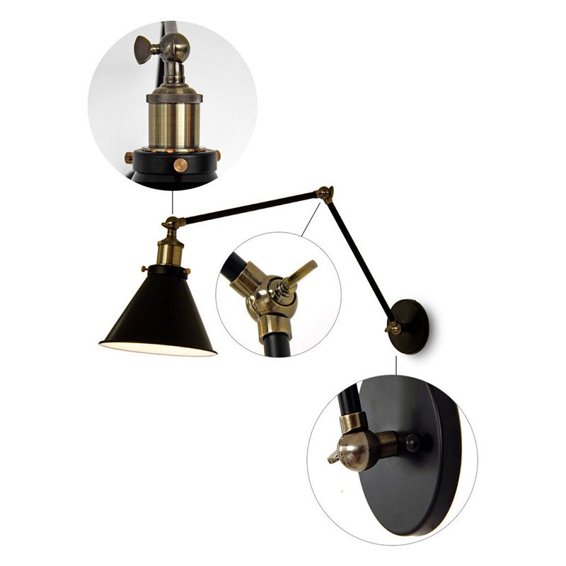 Black Cone Wall Sconce in Industrial Retro Style Wrought Iron Wall Lamp for Interior Spaces