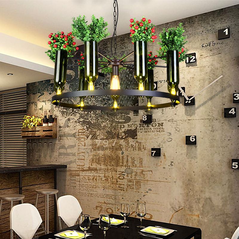 7/10 Heads Round Chandelier Lamp Industrial Green Metal Hanging Ceiling Light with Plant Decoration