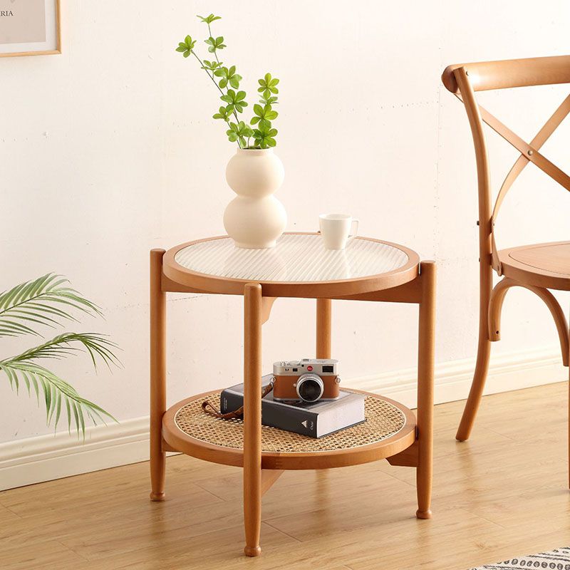 21.65" Tall Round Glass Top Side Table Wood 4 Legs End Table with Shelf