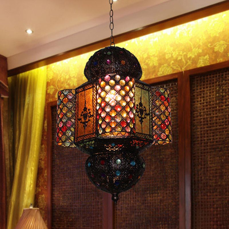 Moroccan Lantern Hanging Light Kit Handcrafted Stained Glass 1 Bulb Suspension Pendant in Copper