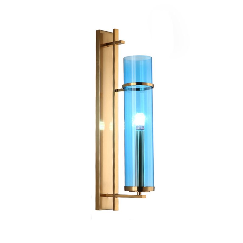 Cylinder Living Room Sconce Blue Glass 1 Head Modernism Wall Mount Light Fixture