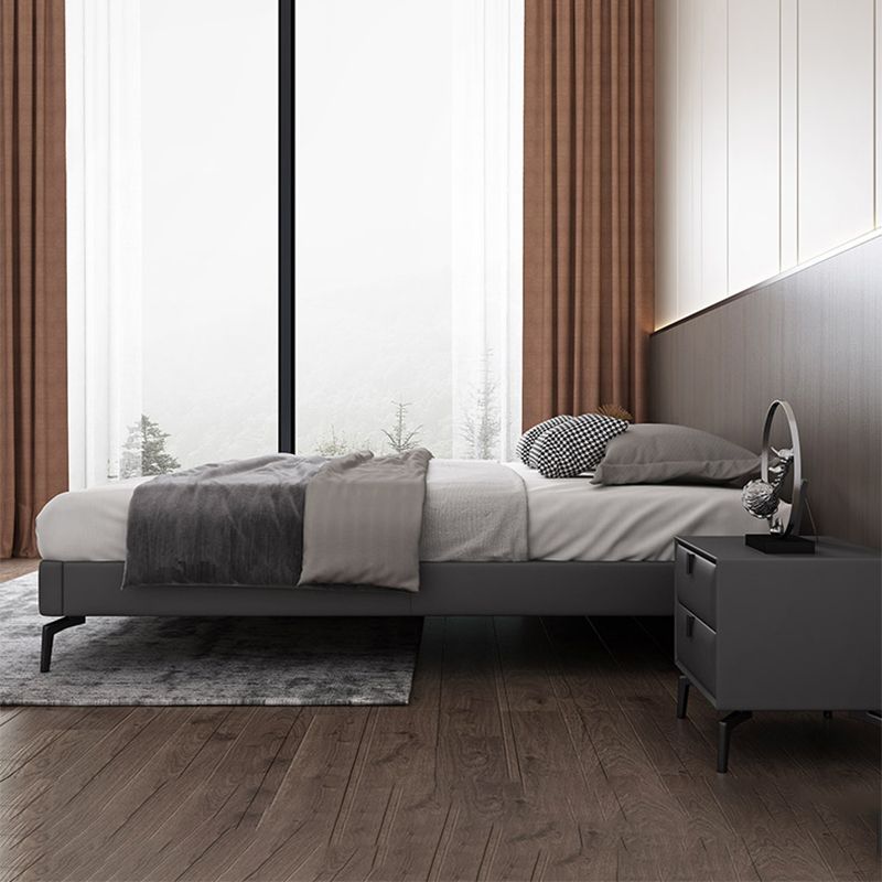 Contemporary Panel Bed Faux Leather and Wood Platform Bed Frame in Dark Grey