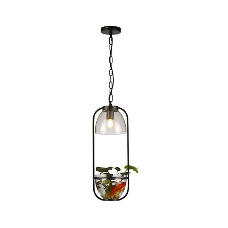 Black/Gold Oblong Pendant Lamp Rural Metallic Single Dorm Room Ceiling Hang Light with Fish Bowl and Clear Glass Shade
