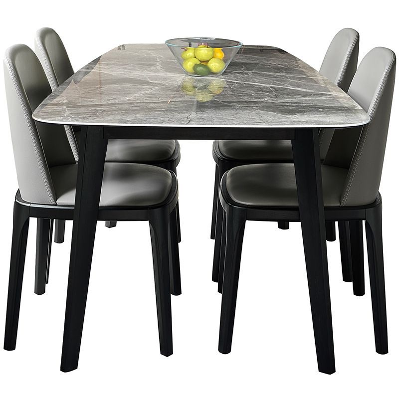 Contemporary Stone Dining Table Rectangle Dining Table with 4 Wood Legs in Black