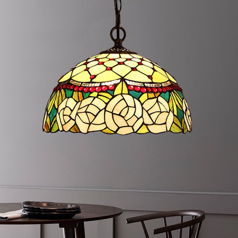 1/2 lumières Cuisine Chandelier Pendant Light Light Méditerranéen Bronze Plafond Lampe à teinte en verre rouge / jaune en dôme, 12 "/ 16" W