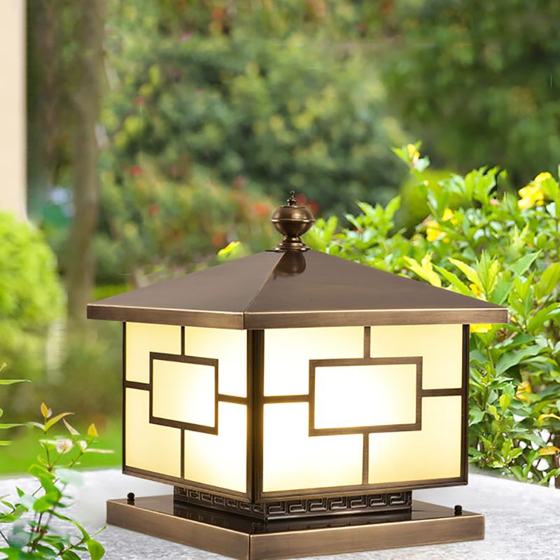 Square Shape Metal Pillar Lamp Modern Style Waterproof Outdoor Light in Bronze