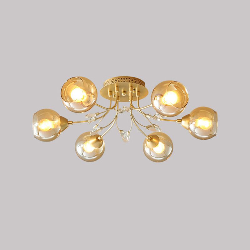 Amber Glass Ball Ceiling Flush Mount Modernist 6 Bulbs Gold Semi Flush Light with Teardrop Beveled Crystal Deco
