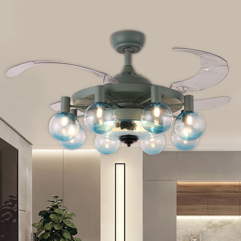 42 "W 8-Licht-Lächerlampe Einfachheit Schlafzimmer 4 Blätter halb Flush-Leuchte mit Globe Clear Glass Shade in dunkelgrün, Fernbedienung/Fernbedienung und Wandsteuerung/Frequenzumwandlung und Fernbedienung
