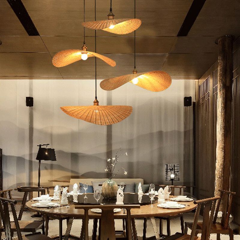 Japanese Style 1-Light Bamboo Hanging Light Fisherman's Hat Shaped Hand Weaving Pendant Lamp