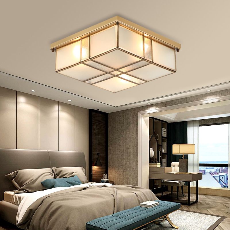 2/4 Lights Frosted Glass Flush Mount Lighting Fixture Vintage Brass Square Bedroom Close to Ceiling Light