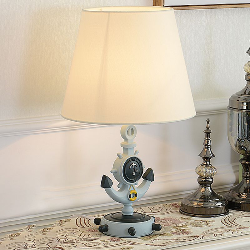 Blue Cone Night Table Light Mediterranean 1-Head Fabric Nightstand Lamp with Anchor Base
