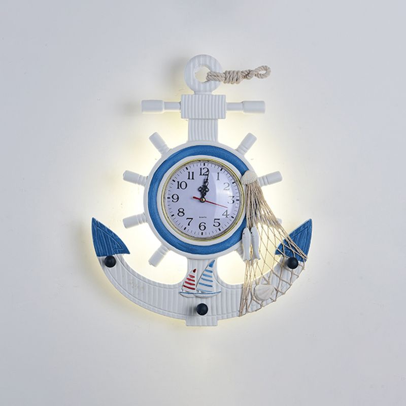 Contemporary Anchor Shaped Wall Light Fixture Wooden Kids Bedroom LED Clock Wall Mounted Lamp in Blue