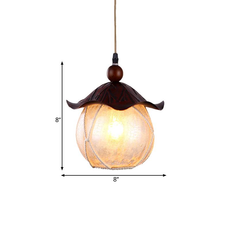 Globe Yellow Crackle Glass Hanging Lamp Traditional 1 Head Corridor Suspension Pendant in Brown with Scalloped Shade