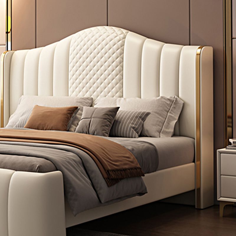 Glam Beige Standard Bed Camel Back Pine Wood and Metal    Panel Bed