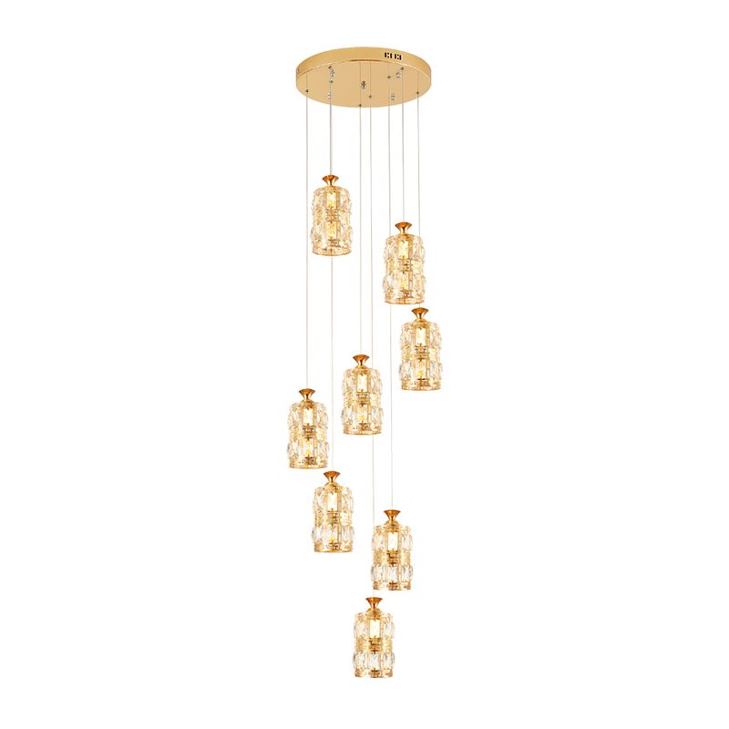 Modernist Cylindrical Cluster Pendant Light 8 Bulbs Crystal Hanging Ceiling Lamp in Gold