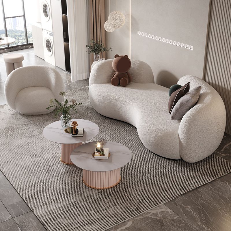 Contemporary White Wool Curved Sofa Sloped Arm Sofa for Living Room