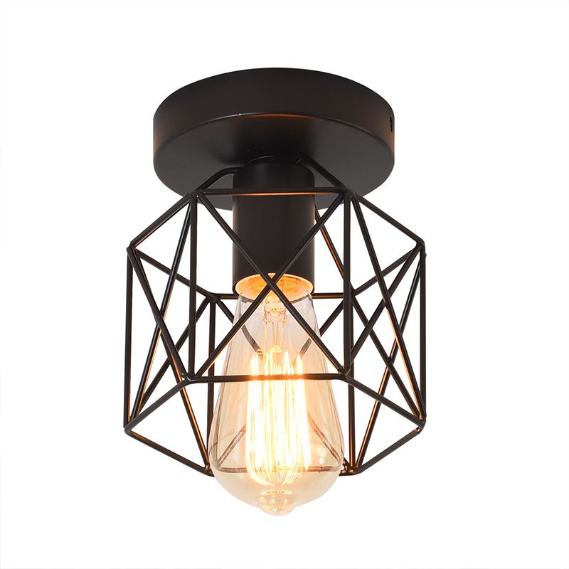 Hexagonal Balcony Ceiling Light Industrial Iron 1-Bulb Semi Flush Mount Light Fixture