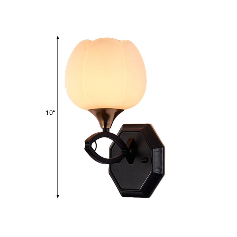 Bud Shape Indoor Wall Sconce Lighting Traditional White Glass 1 Head Black Finish Wall Lamp