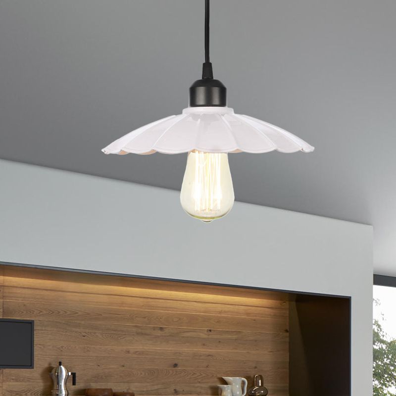 1 Light Indoor Pendant Lighting Farmhouse Black/White Hanging Light Fixture with Cone/Wavy/Wide Flare Metal Shade