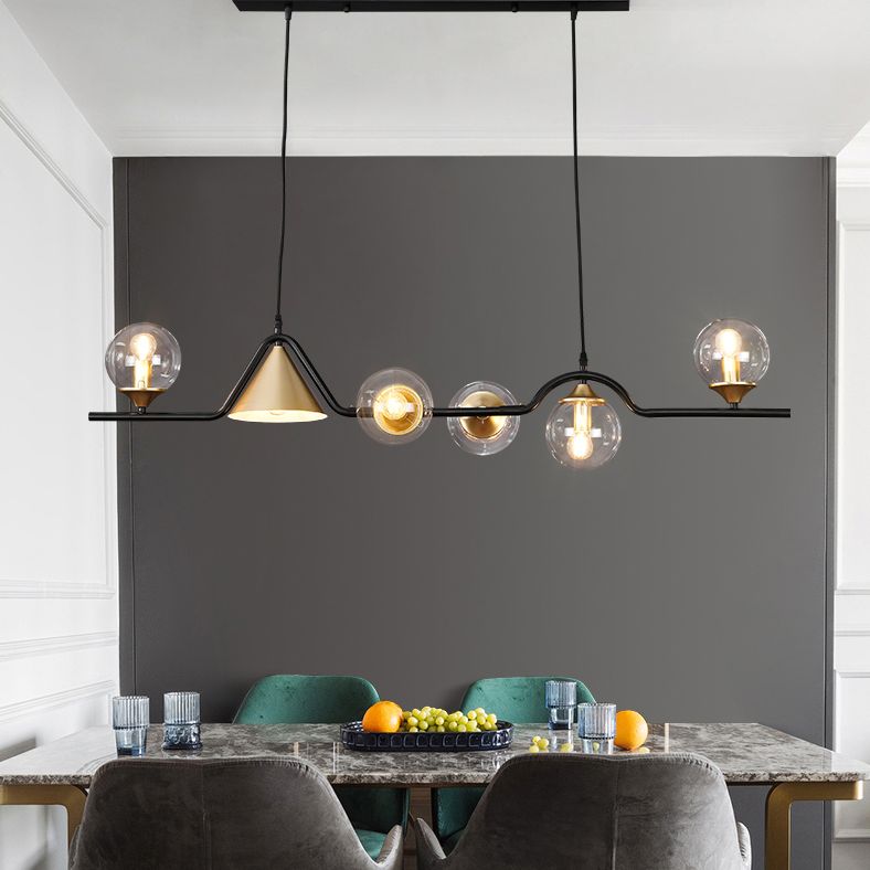 Metal Linear Island Light with Glass Ball Shape Nordic Minimalist Style Metal Island Pendant for Dining Room