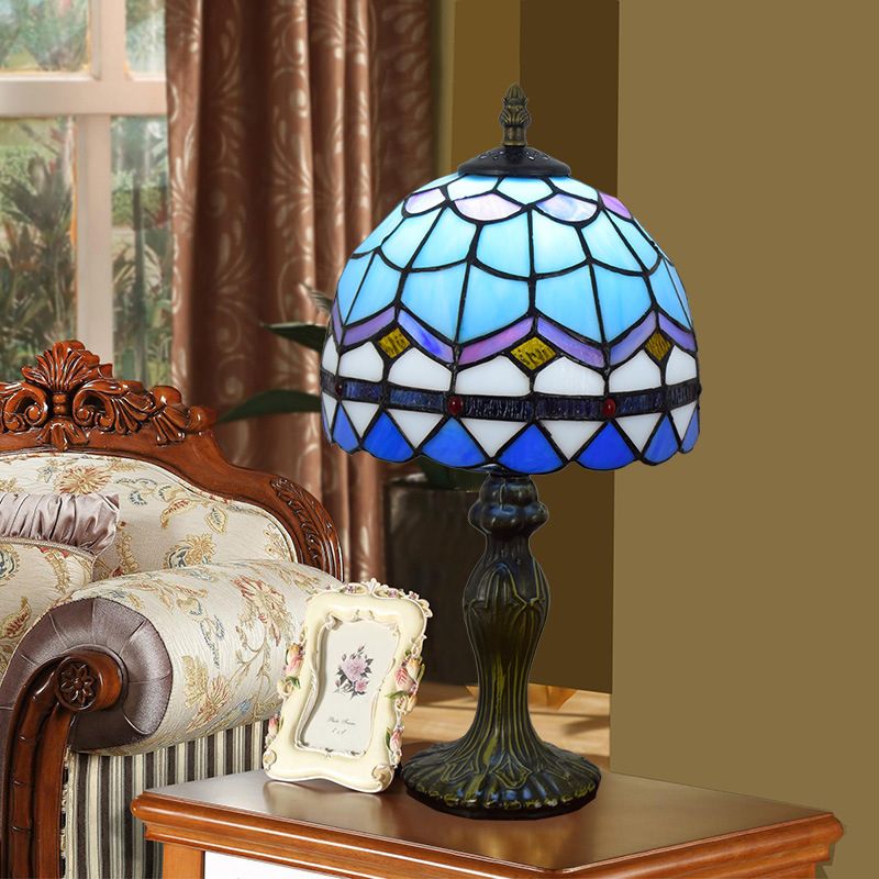 1 Bulb Table Lamp Mediterranean Dome Gridded Glass Nightstand Light in Blue for Living Room