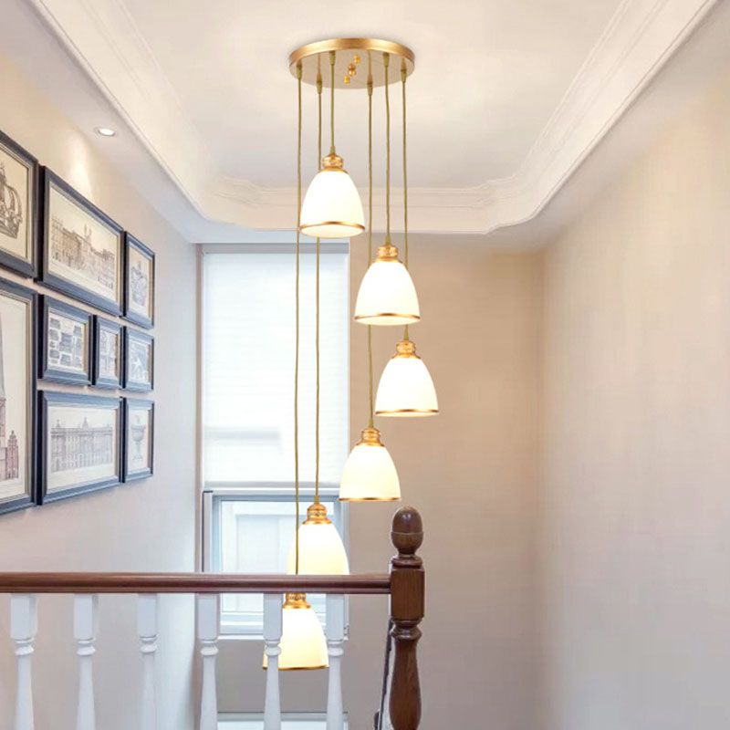 Spiral Bell Shade Staircase Hanging Light Cream Glass Simplicity Multi Light Pendant