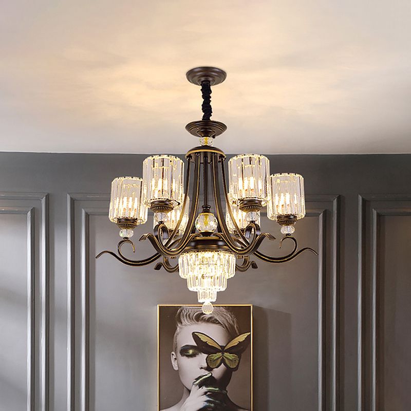 Kristallblockzylinder Kronleuchter minimalistisch 6/8-Bulb-Deckenleuchte mit kurviger Arm in Schwarz