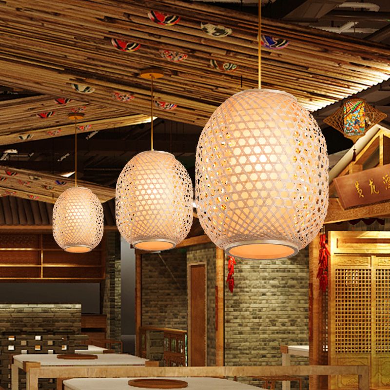 Lantern Suspension Pendant Retro Bamboo 1 Bulb Wood Hanging Light Kit with Inner Fabric Shade