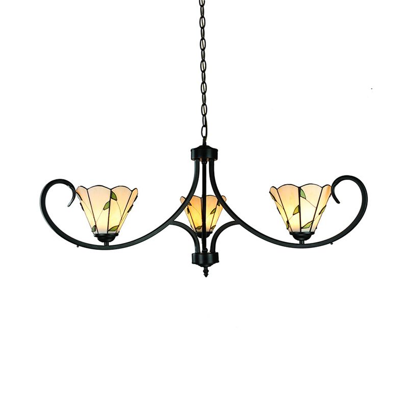 Rustic Leaf Foyer Pendant Light with Cone Shade and 14" Chain Adjustable 3 Lights Beige Glass Chandelier
