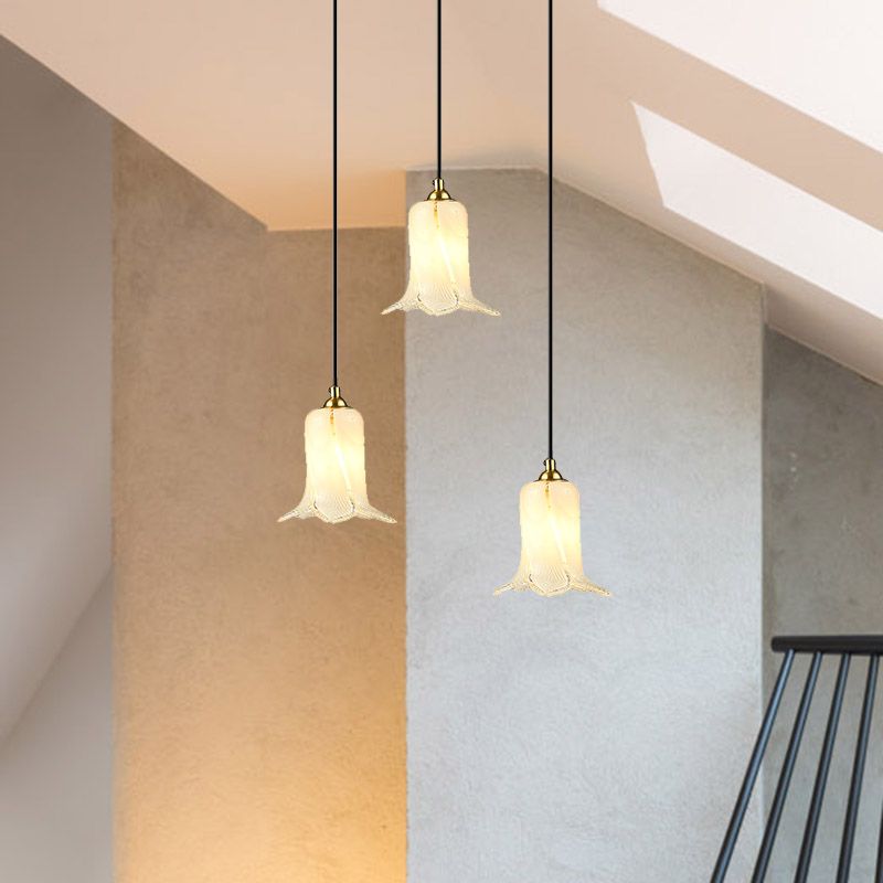 Romantic Pastoral Lily Cluster Pendant 3 Bulbs White/Green/Purple Glass LED Ceiling Hang Fixture for Foyer